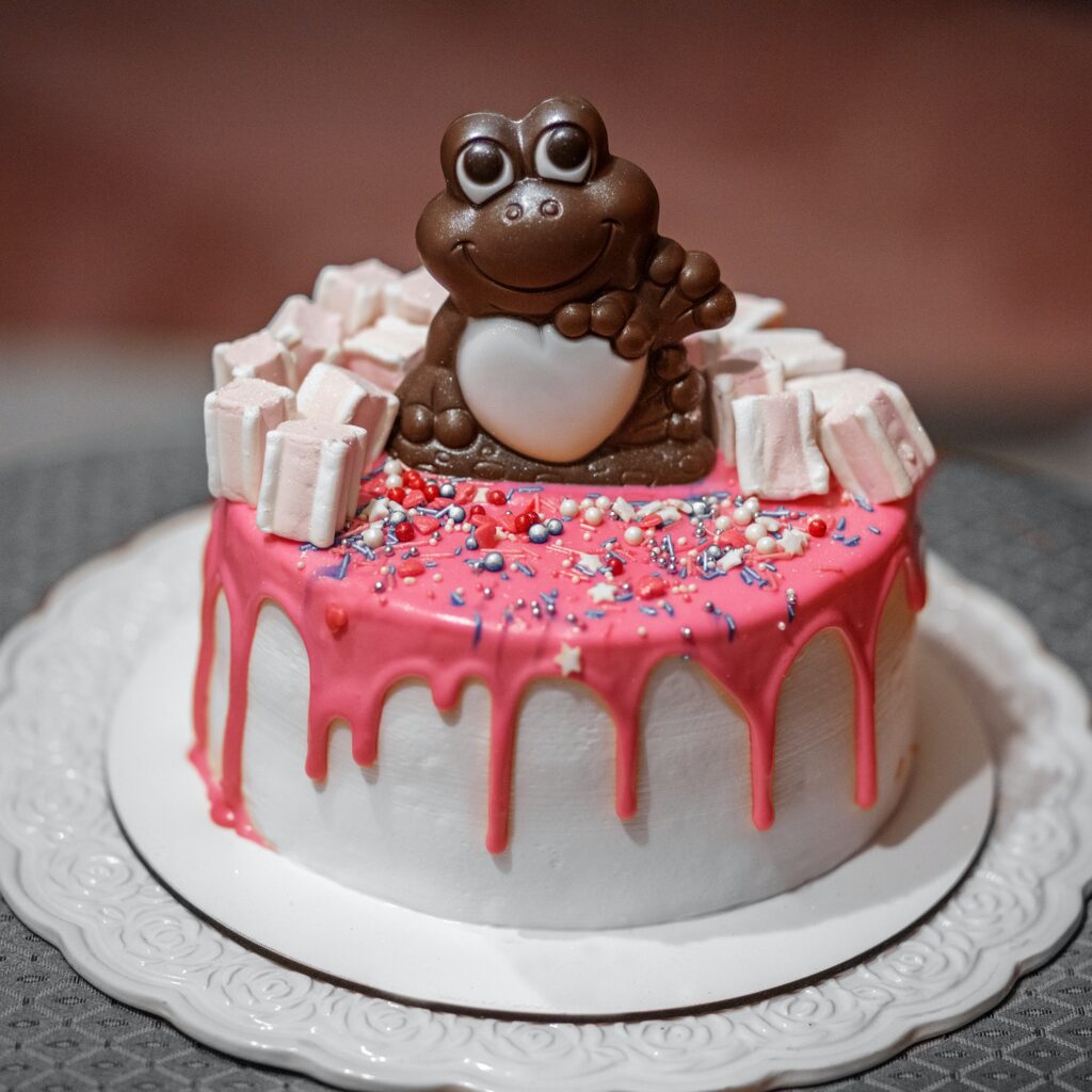 Delicious cake with chocolate toad and marshmallows. Square.
